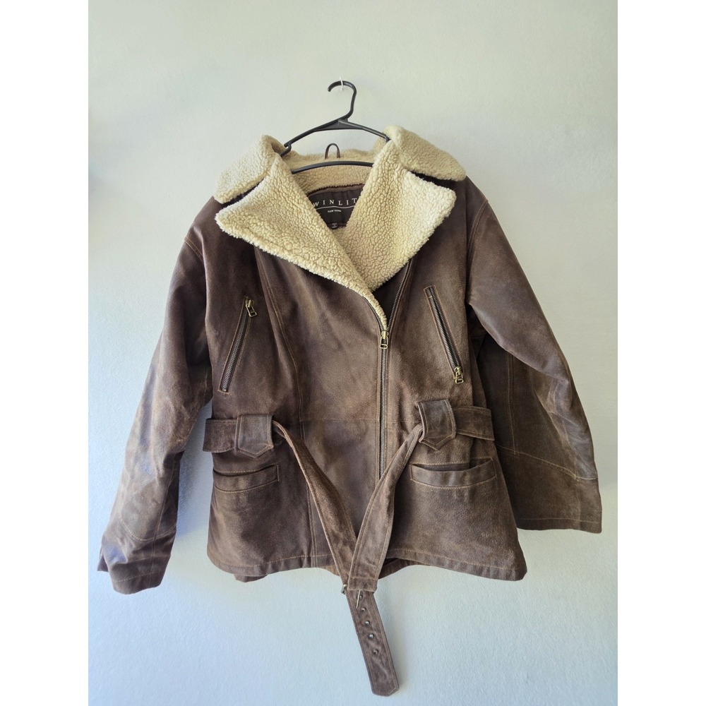 Winlit Men's Brown Aviator‎ Leather Jacket Shearling Lining Full Zip Fur Trim L
